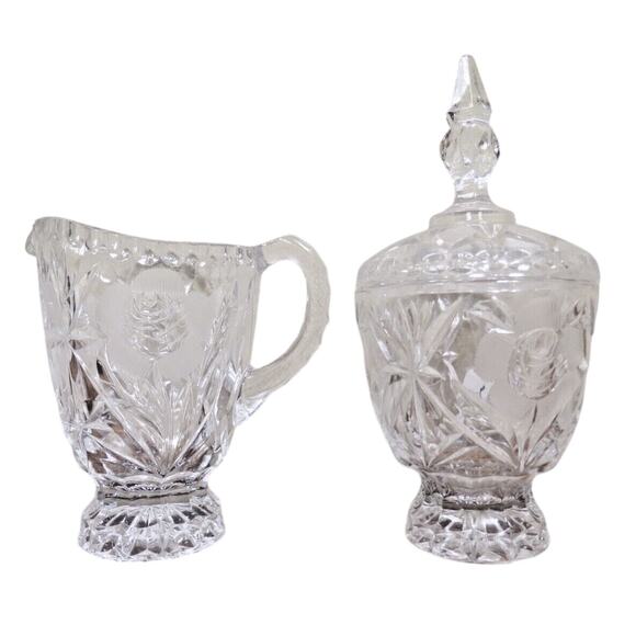 Vintage Crystal Creamer & Sugar Bowl - Etched Roses & Diamonds - Picture 1 of 8